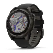 Garmin - fenix 8 Solar Sapphire 47mm - smartwatch premium - ramă gri din titanium DLC si curea din silicon neagră-gri