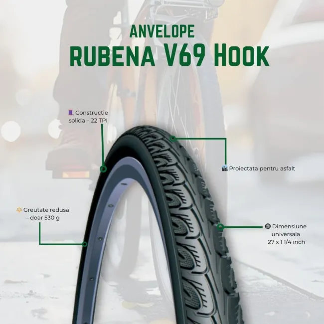 Anvelopa Bicicleta Rubena V69 Hook - 27 x 1-1/4 Inch, Negru
