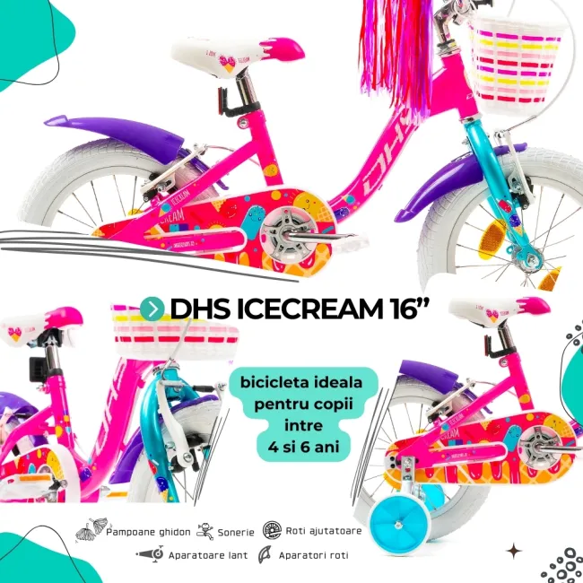 Bicicleta Copii DHS Icecream - 16 Inch, Roz