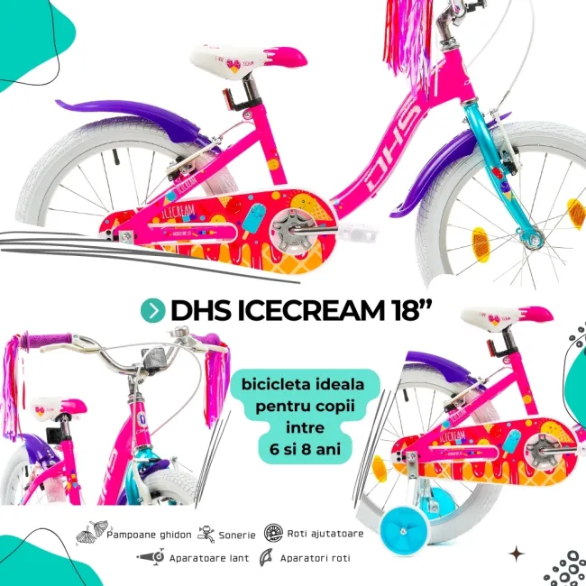 Bicicleta Copii DHS Icecream - 18 Inch, Roz