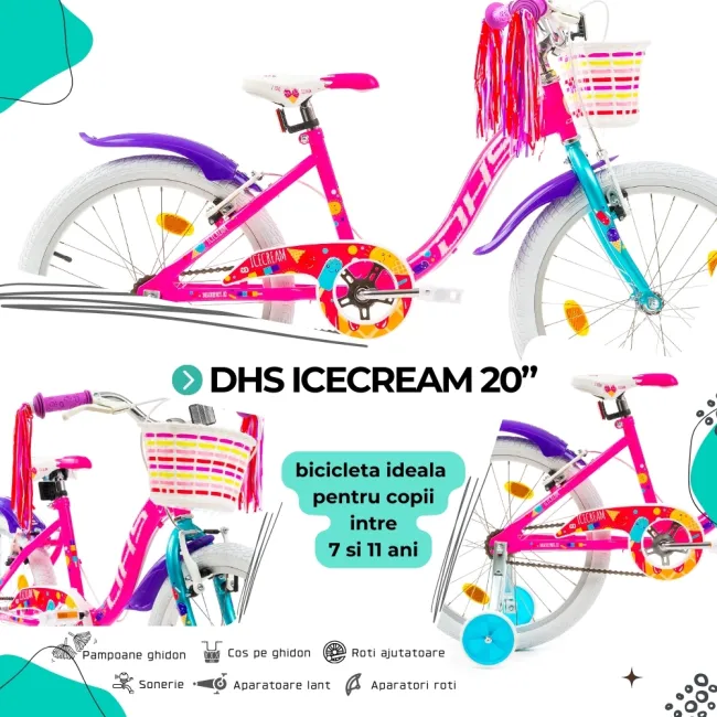 Bicicleta Copii DHS Icecream - 20 Inch, Roz