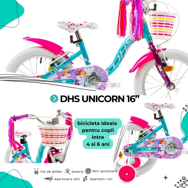 Bicicleta Copii DHS Unicorn - 16 Inch, Albastru