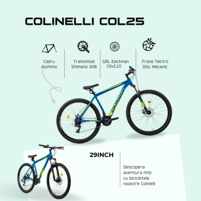 Bicicleta MTB Colinelli COL25, Marimea M, 29 inch, Albastru, Schimbator Shimano ST-EF500 EZ-FIRE PLUS, 24 Viteze, Cadru Aluminiu, Frane pe Disc