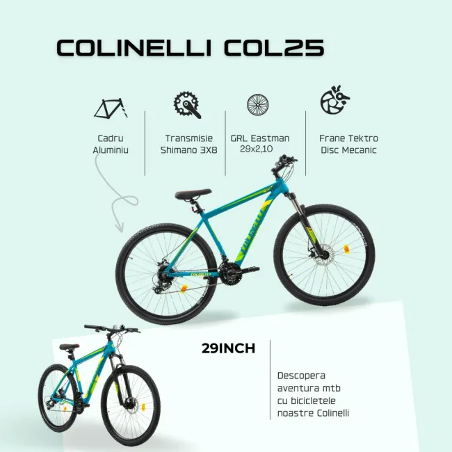 Bicicleta MTB Colinelli COL25, Marimea M, 29 inch, Verde, Schimbator Shimano ST-EF500 EZ-FIRE PLUS, 24 Viteze, Cadru Aluminiu, Frane pe Disc