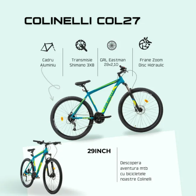 Bicicleta MTB Colinelli COL27, Marimea M, 29 inch, Verde, Schimbator Shimano Altus, 24 Viteze, Cadru Aluminiu, Frane pe Disc