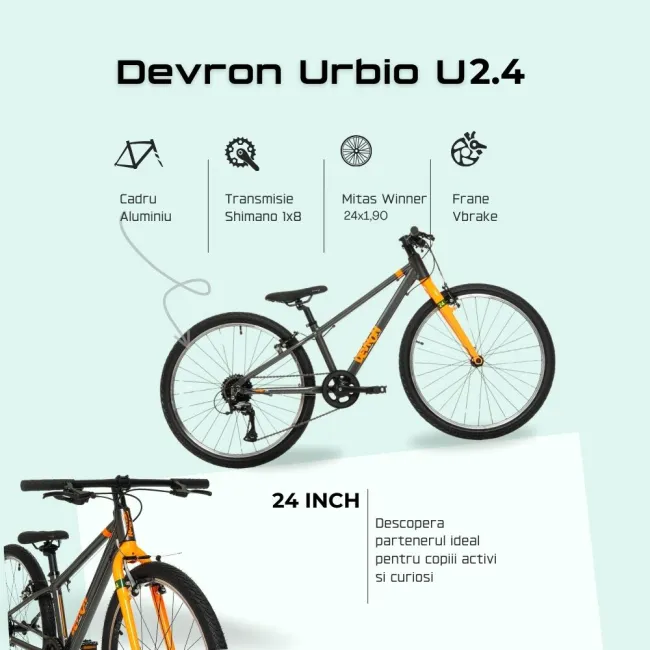 Bicicleta Copii Devron Urbio U2.4 Super Light - 24 Inch, Gri-Portocaliu