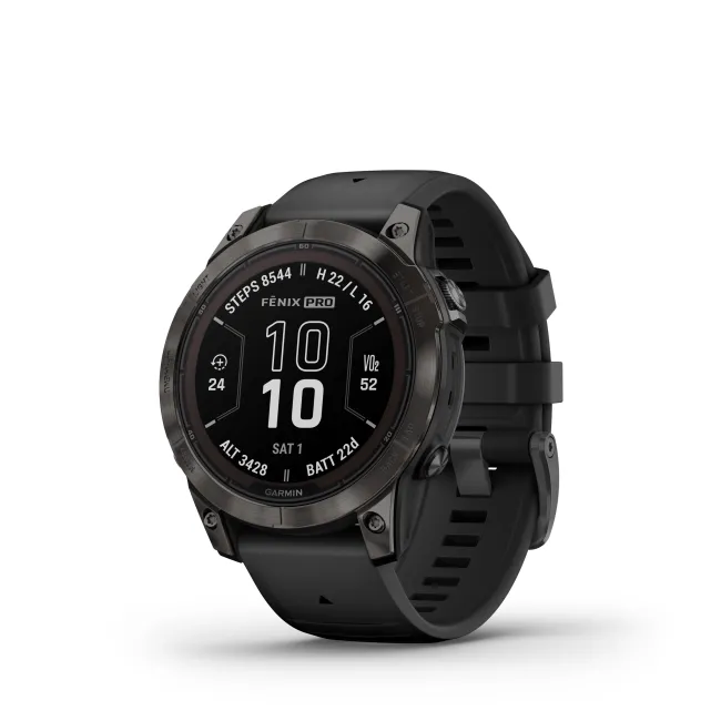 Garmin - fenix 7 Pro Sapphire Solar smartwatch premium cu incarcare solara 47mm - ramă negru gri din titanium DLC si curea din silicon neagră
