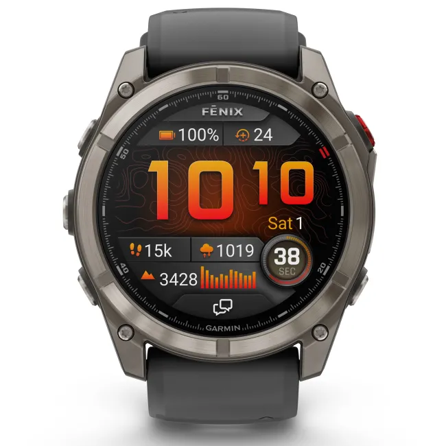 Garmin - fenix 8 Pro 51mm - smartwatch premium AMOLED Sapphire - ramă argintie din titanium si curea din silicon neagră-gri