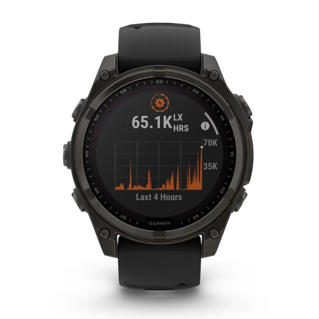 Garmin - fenix 8 Solar Sapphire 47mm - smartwatch premium - ramă gri din titanium DLC si curea din silicon neagră-gri