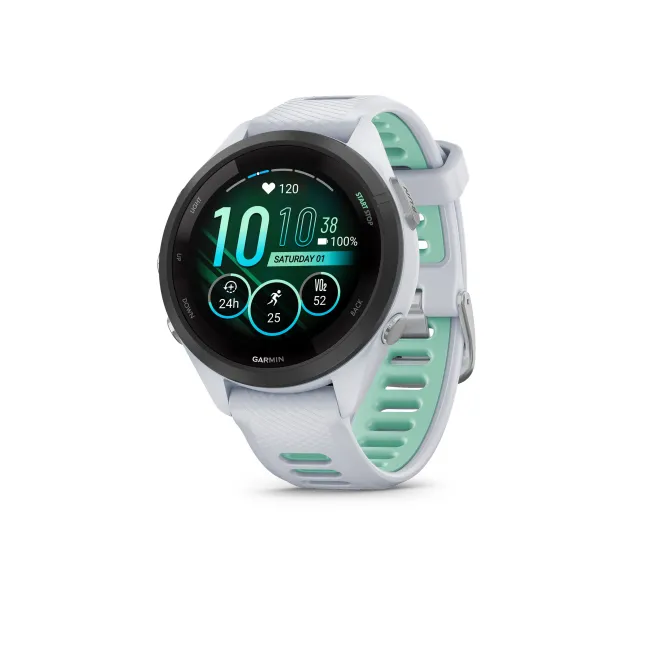 Garmin - Forerunner 265s ceas multisport cu GPS AMOLED - Ramă neagră cu carcasă Whitestone şi curea din silicon Whitestone/Neo Tropic