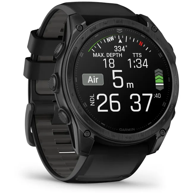 Garmin - Tactix 8 AMOLED 51 mm Sapphire ceas multisport cu GPS - ramă neagră Titanium DLC și curea din silicon neagră + nailon