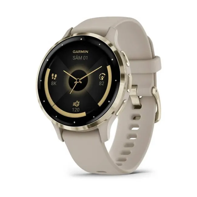 Garmin - Venu 3s smartwatch cu GPS și AMOLED - ramă din oţel inoxidabil Soft Gold cu carcasă French Gray şi curea din silicon