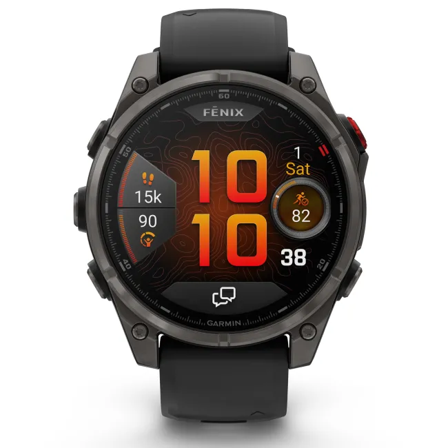 Garmin - fenix 8 Pro 47mm - smartwatch premium AMOLED Sapphire - ramă gri din titanium DLC si curea din silicon neagră-gri