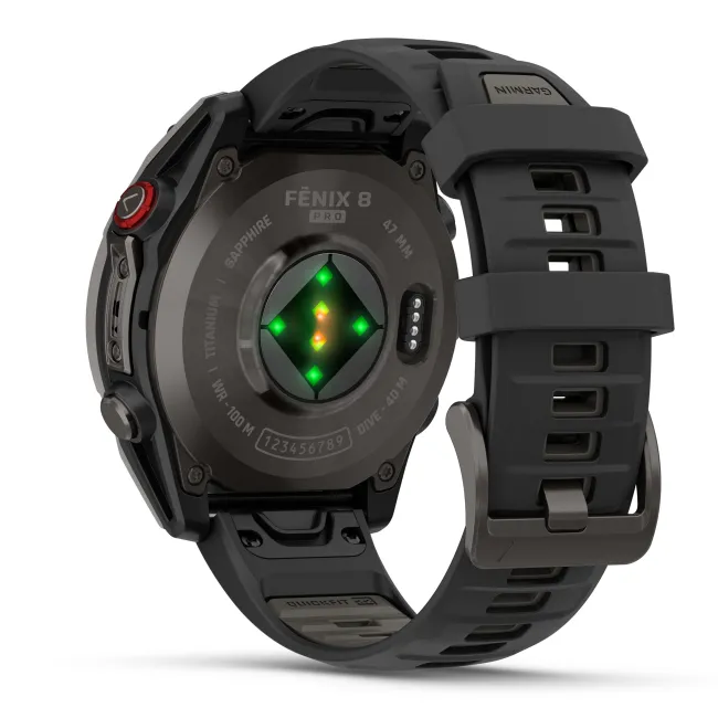 Garmin - fenix 8 Pro 47mm - smartwatch premium AMOLED Sapphire - ramă gri din titanium DLC si curea din silicon neagră-gri