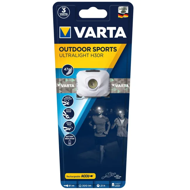 Varta - lanterna frontala Outdoor Sports Ultralight H30R reincarcabila Li-Polimer 300 lumeni - alb