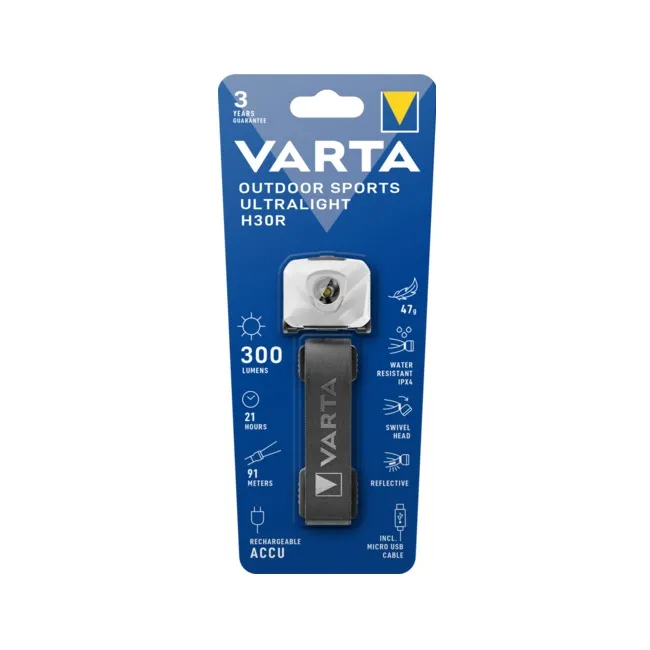 Varta - lanterna frontala Outdoor Sports Ultralight H30R reincarcabila Li-Polimer 300 lumeni - alb