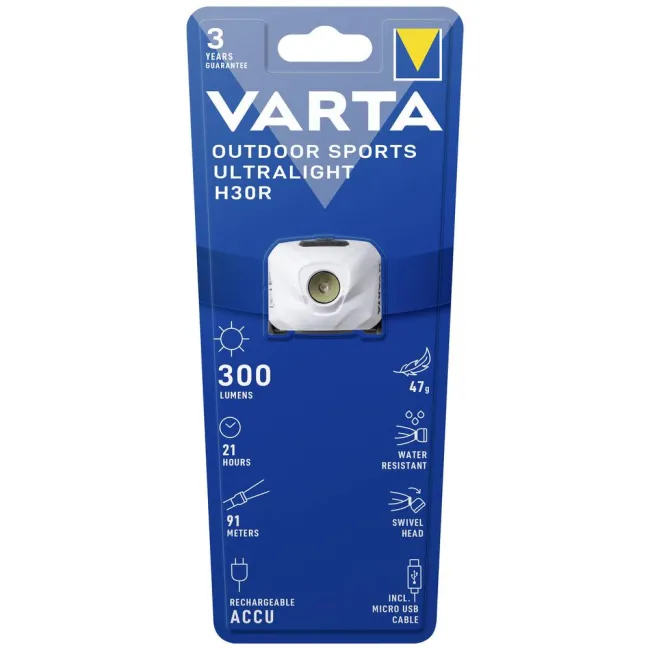 Varta - lanterna frontala Outdoor Sports Ultralight H30R reincarcabila Li-Polimer 300 lumeni - alb
