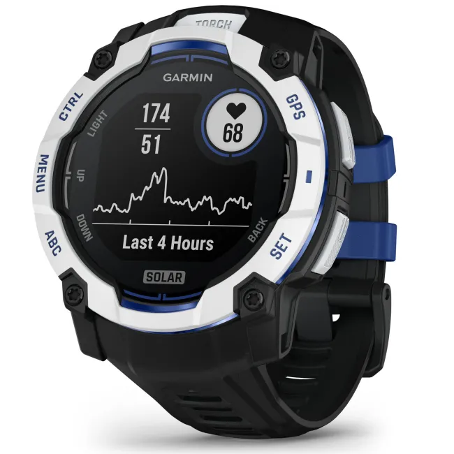Garmin INSTINCT 3 - 50 mm Solar - Whitestone cu curea neagră/albastru intens - smartwatch robust cu GPS