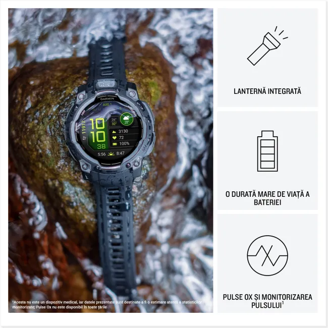 Garmin INSTINCT 3 - 50 mm AMOLED - Whitestone cu curea neagră / albastru intens - smartwatch robust cu GPS