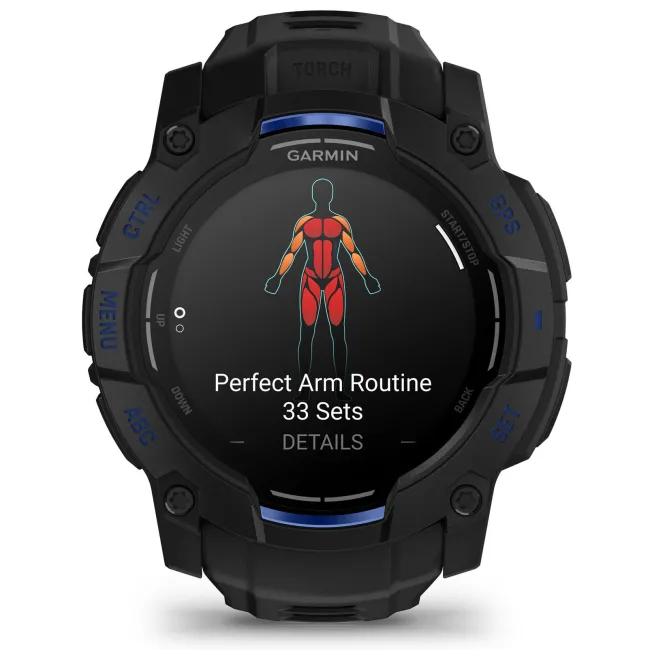 Garmin INSTINCT 3 - 50 mm AMOLED - Whitestone cu curea neagră / albastru intens - smartwatch robust cu GPS
