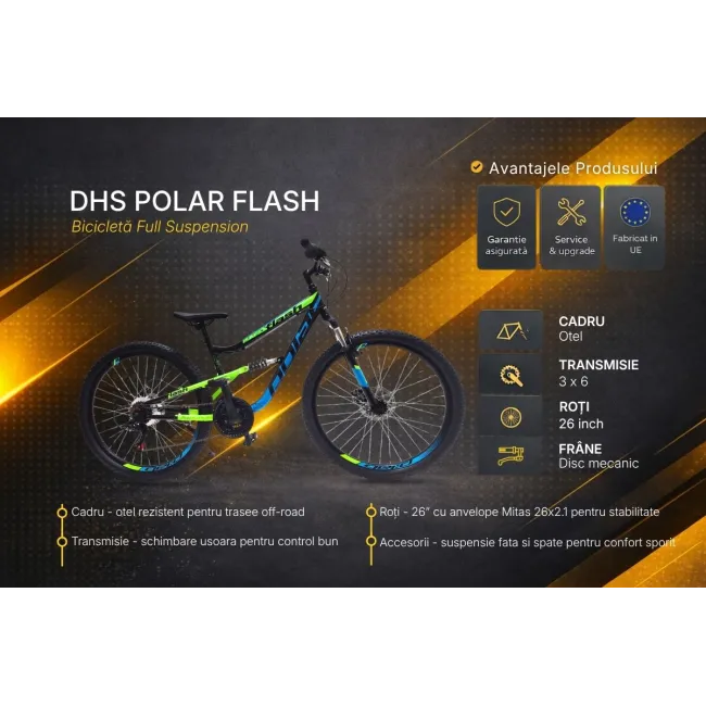 Bicicleta Full suspension DHS Polar Flash - 26 Inch, Negru