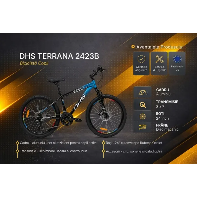 Bicicleta Copii Dhs Terrana 2423B, model 2026 - 24 Inch, Negru-Albastru